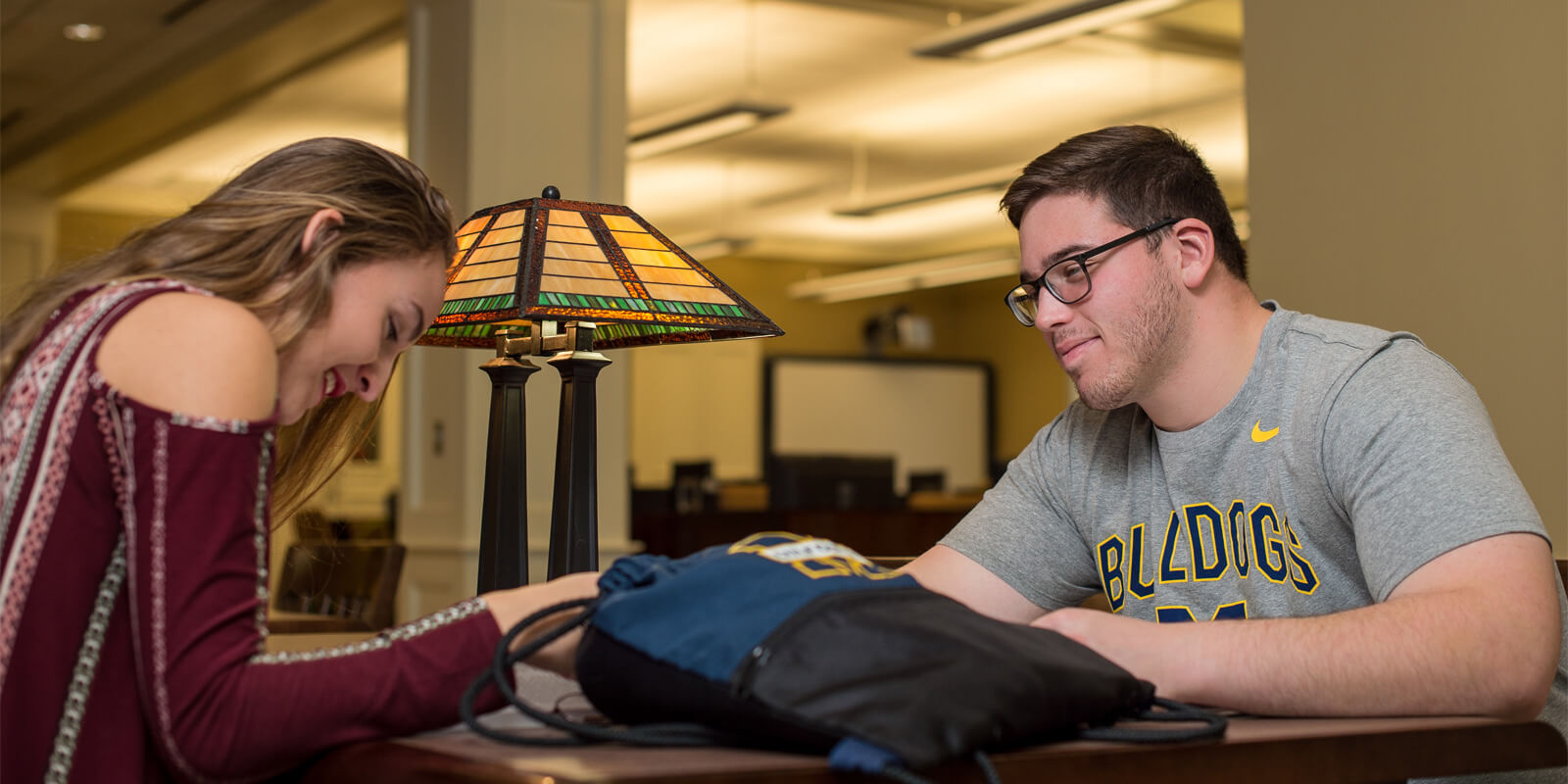 Students study together in the library.