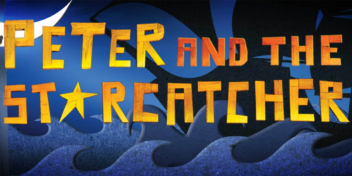 Graphic in papercraft style that reads: Peter And The Starcatcher. The 'a' in star has been replaced with a paper star.