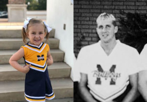 Caroline Dedeaux and her father Chad in their Bulldogs cheerleader uniforms