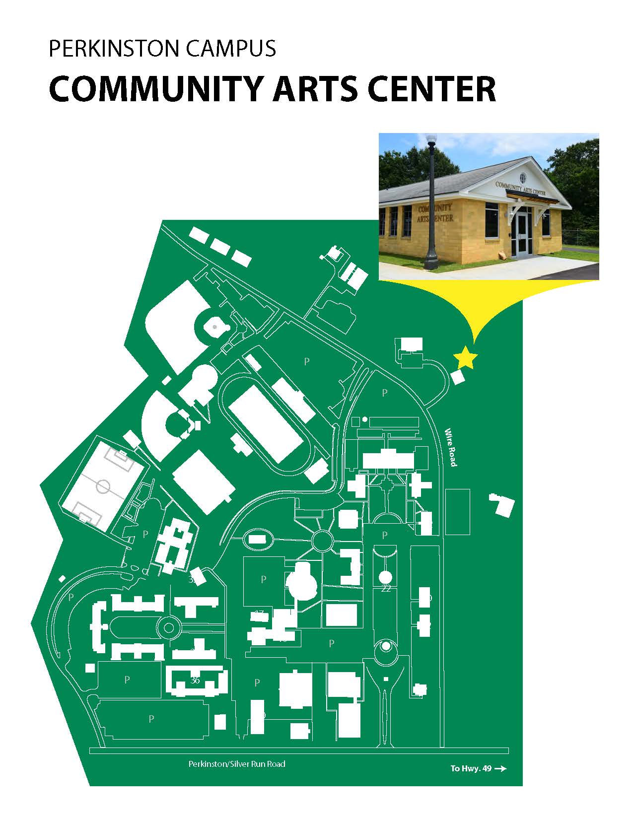 Map of Perk Campus showing location of Community Arts Center