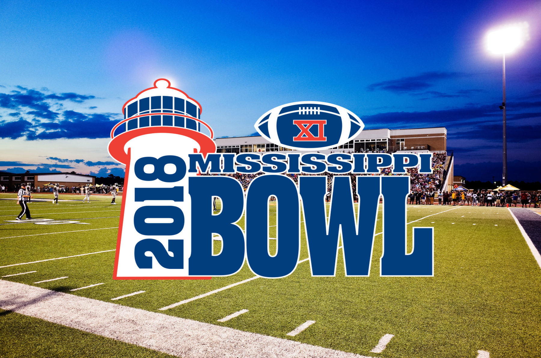 2018 mississippi bowl logo over a football field