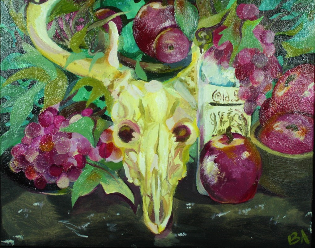 still life in oil with cow skull and flowers