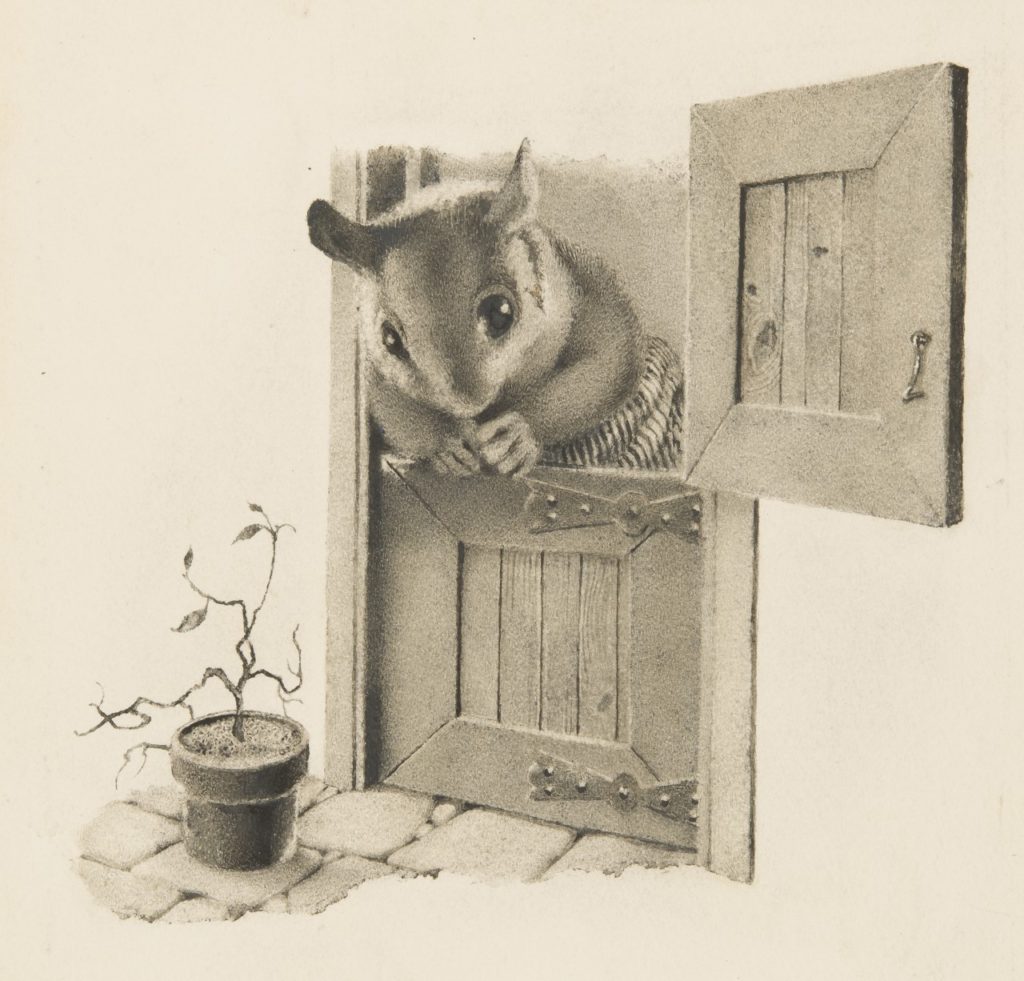 Dormouse dressed like person at door