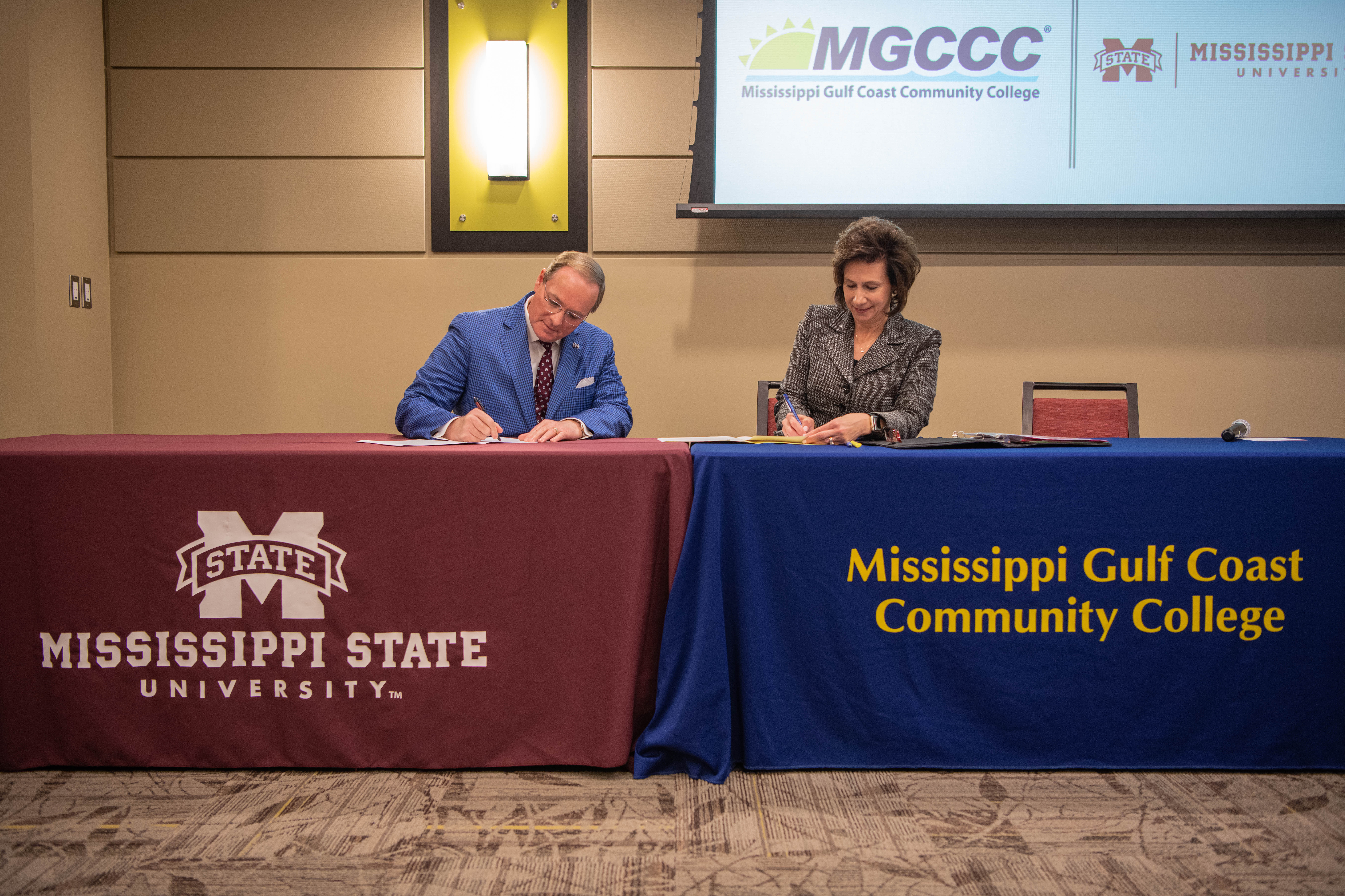 Dr. Mark E. Keenum, president of Mississippi State University and Dr. Mary S. Graham, president of Mississippi Gulf Coast Community College, signed two Memorandums of Understanding on February 13 that will expand MGCCC student opportunities when transferring to MSU.  The signing took place at MGCCC’s Hospitality and Resort Management Center in Biloxi.