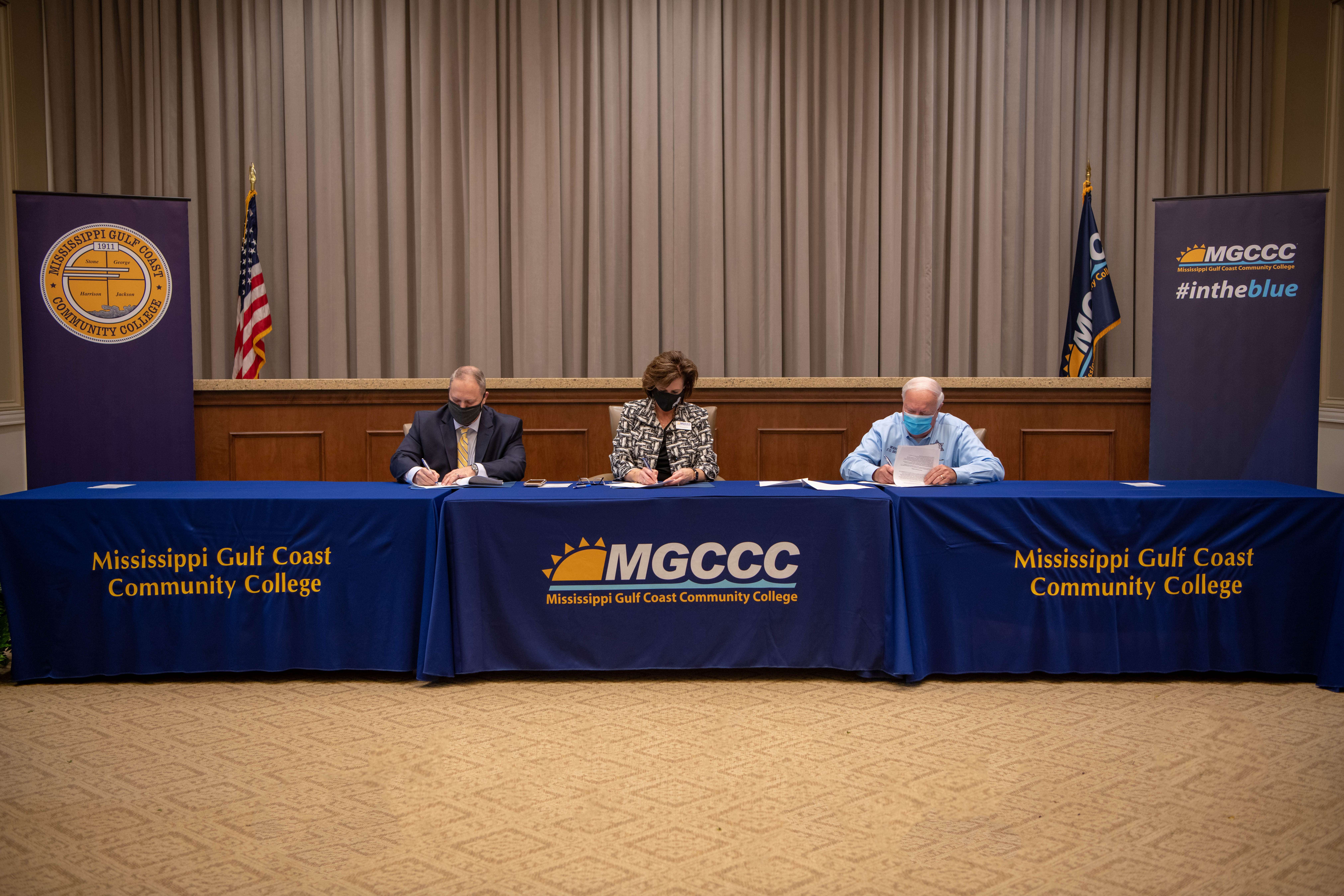 Signing the agreement, from left, are Bobby Fairley, warden of the George County Regional Correctional Facility; Dr. Mary S. Graham, MGCCC president; and Dwain Brewer, warden of the Stone County Regional Correctional Facility. 