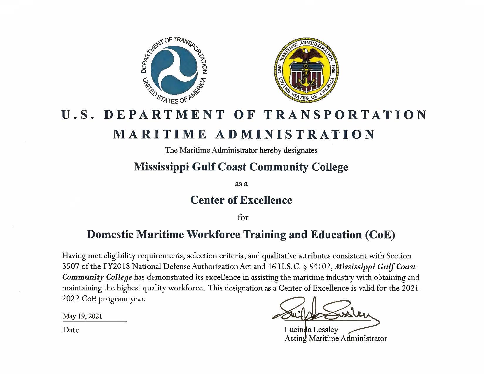MGCCC named a 2021 Center of Excellence for Domestic Maritime Workforce Training and Education