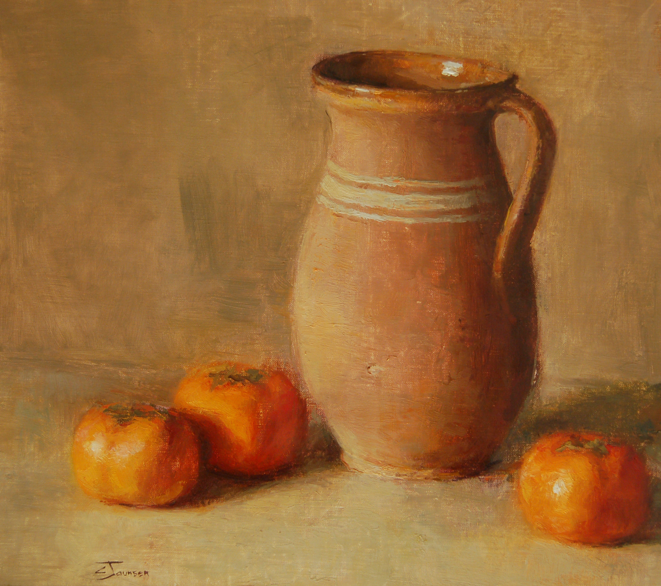 Clay Pitcher and Persimmons, 3x15