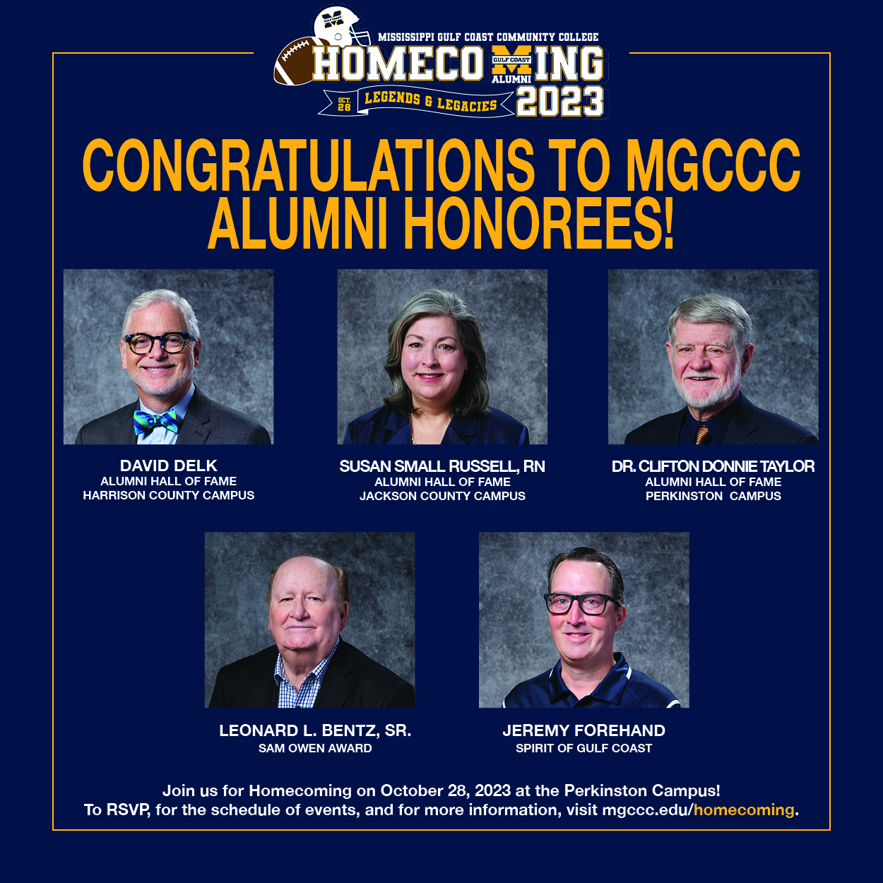 MGCCC recognizes Alumni Hall of Fame, Sam Owen, and Spirit of Gulf Coast Award honorees at Homecoming 2023