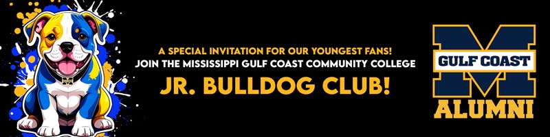 Graphic of a cute cartoon bulldog puppy with blue and gold paint splaters behind him. MGCCC Alumni Association has a special invitation for our youngest fans! Join the Mississippi Gulf Coast Community College Jr. Bulldog Club!