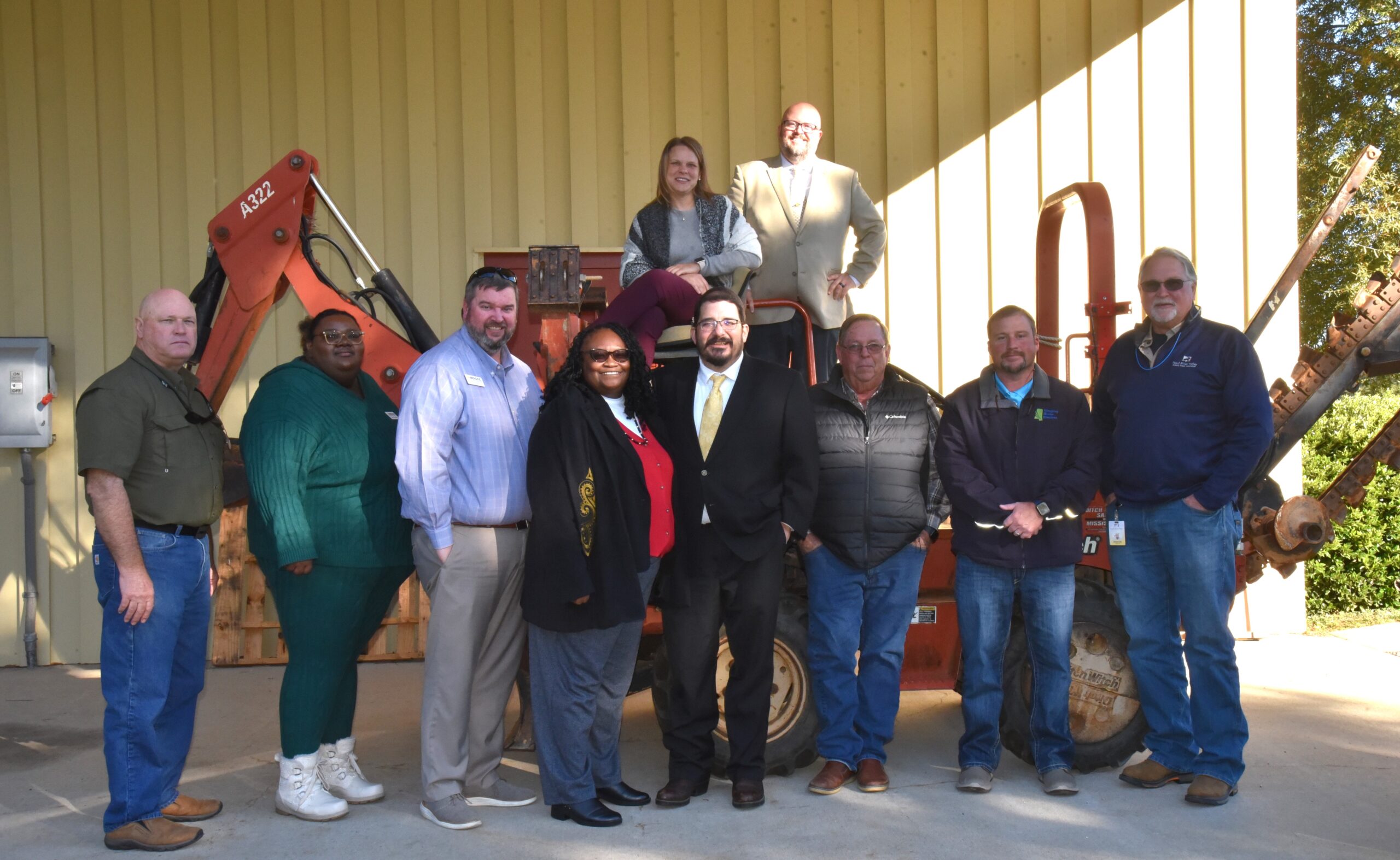 Members of Perkinston Campus and George County Center’s administration, MGCCC Foundation personnel, and PRVEPA representatives met on November 11 for the official donation of the trencher through the college’s Foundation.  The trencher was donated for use in the Apprentice Electric Lineman program at the college’s George County Center.