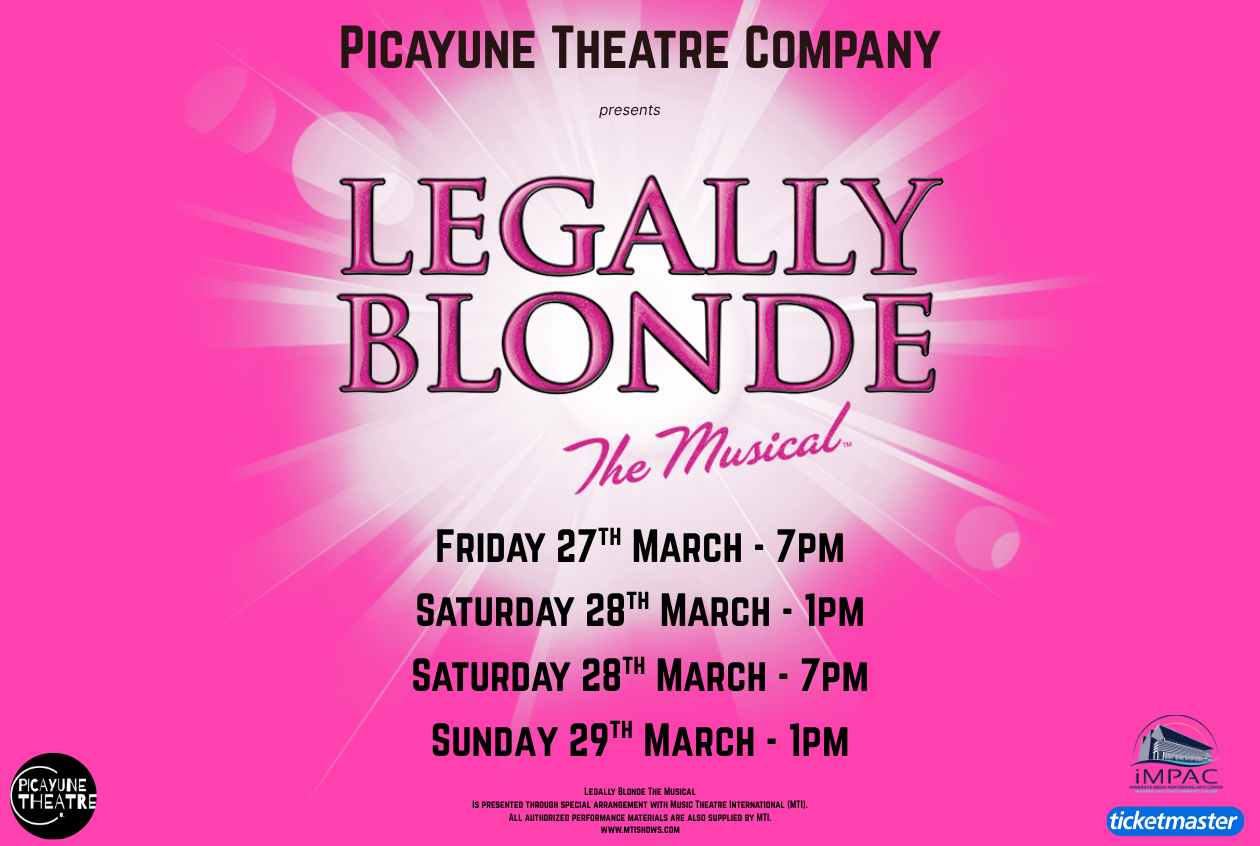 Pink Legally Blonde graphic with times and dates of iMPAC performances