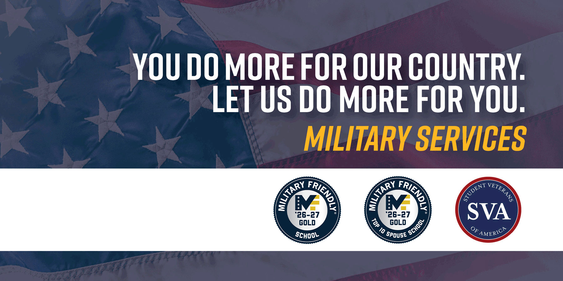 An American flag flies in the background behind white text that says 