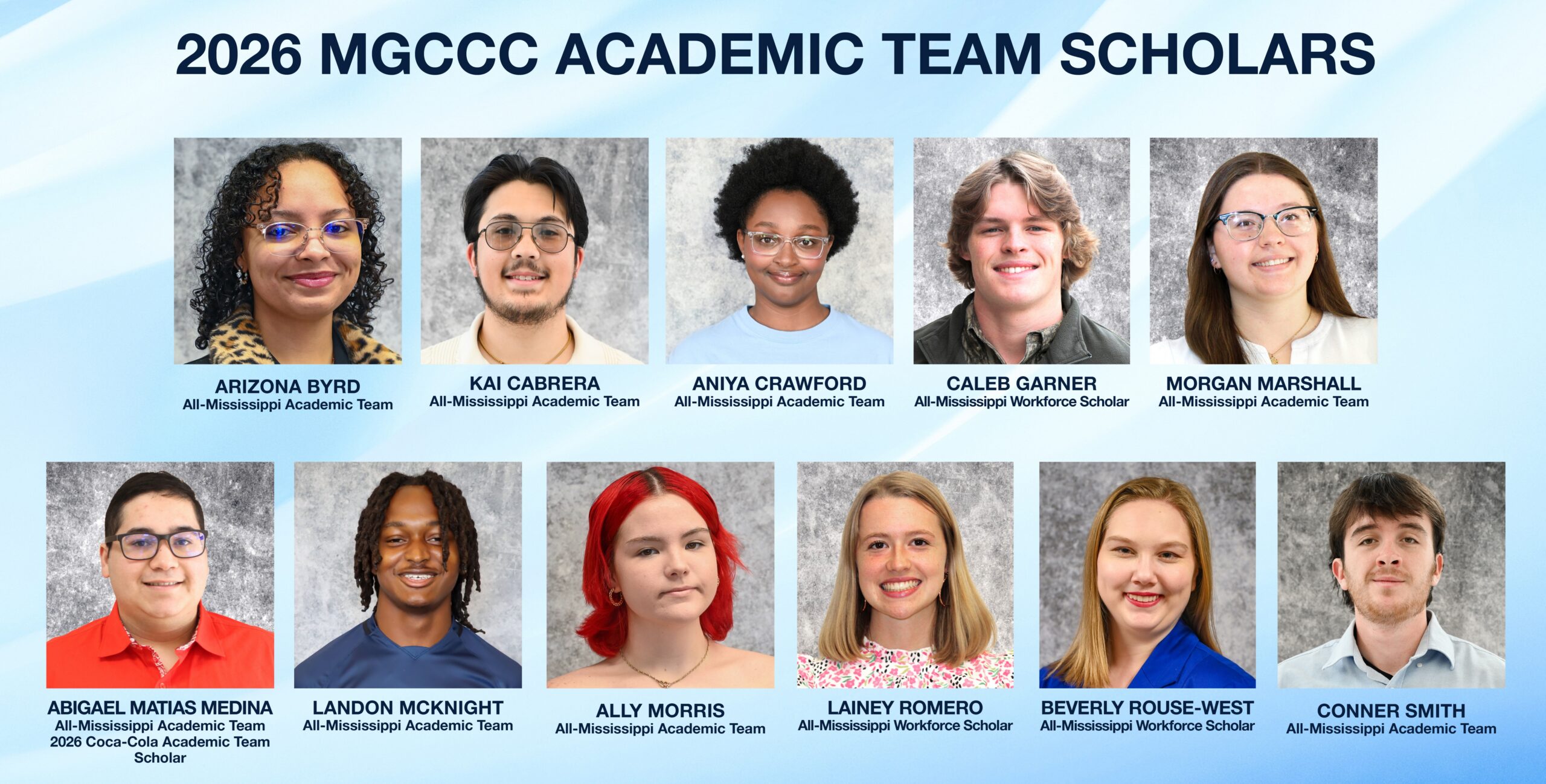 Photos of all 11 Academic Team Scholars from MGCCC with their names and scholarship listed on a blue background.