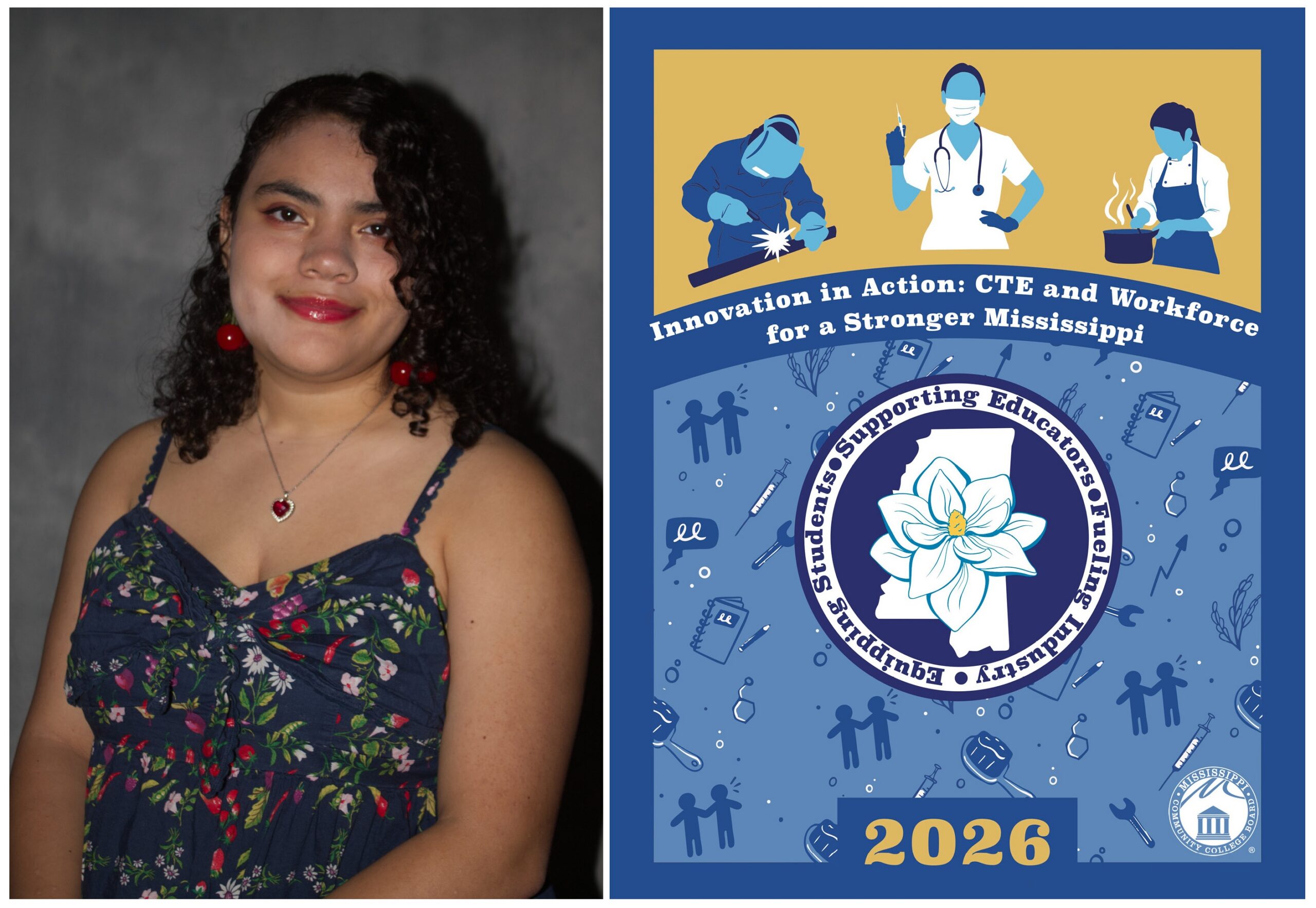 Photos: (1) Mariacelina “Mari” Corneiro (2) Mari’s award-winning design for the 2026 Mississippi Career and Technical Education (CTE) Conference cover design contest