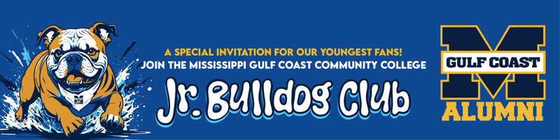 Graphic of a cute cartoon bulldog puppy with blue and gold paint splatters behind him. MGCCC Alumni Association has a special invitation for our youngest fans! Join the Mississippi Gulf Coast Community College Jr. Bulldog Club!