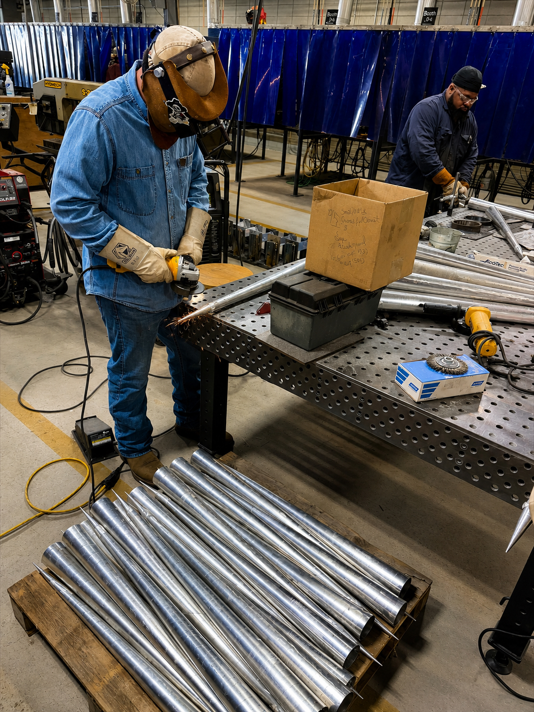) Drew Miller is grinding the thorns and Leoundus “Leo” M. Garett is cutting the thorns for preparation of the crown.