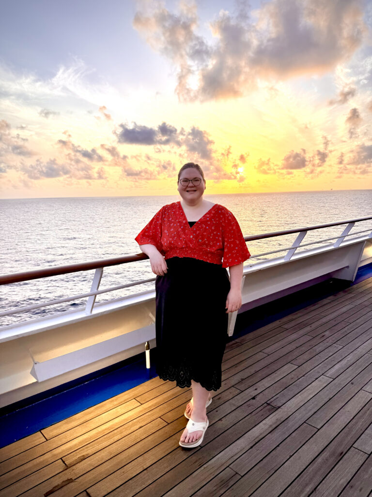 Mary Gregory on a boat at sunset