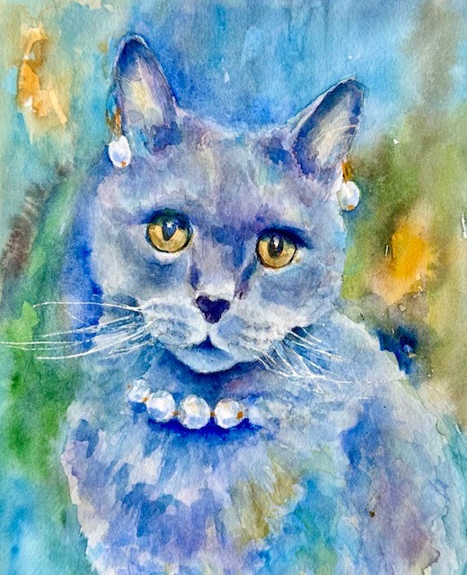Blue cat with pearl collar painting