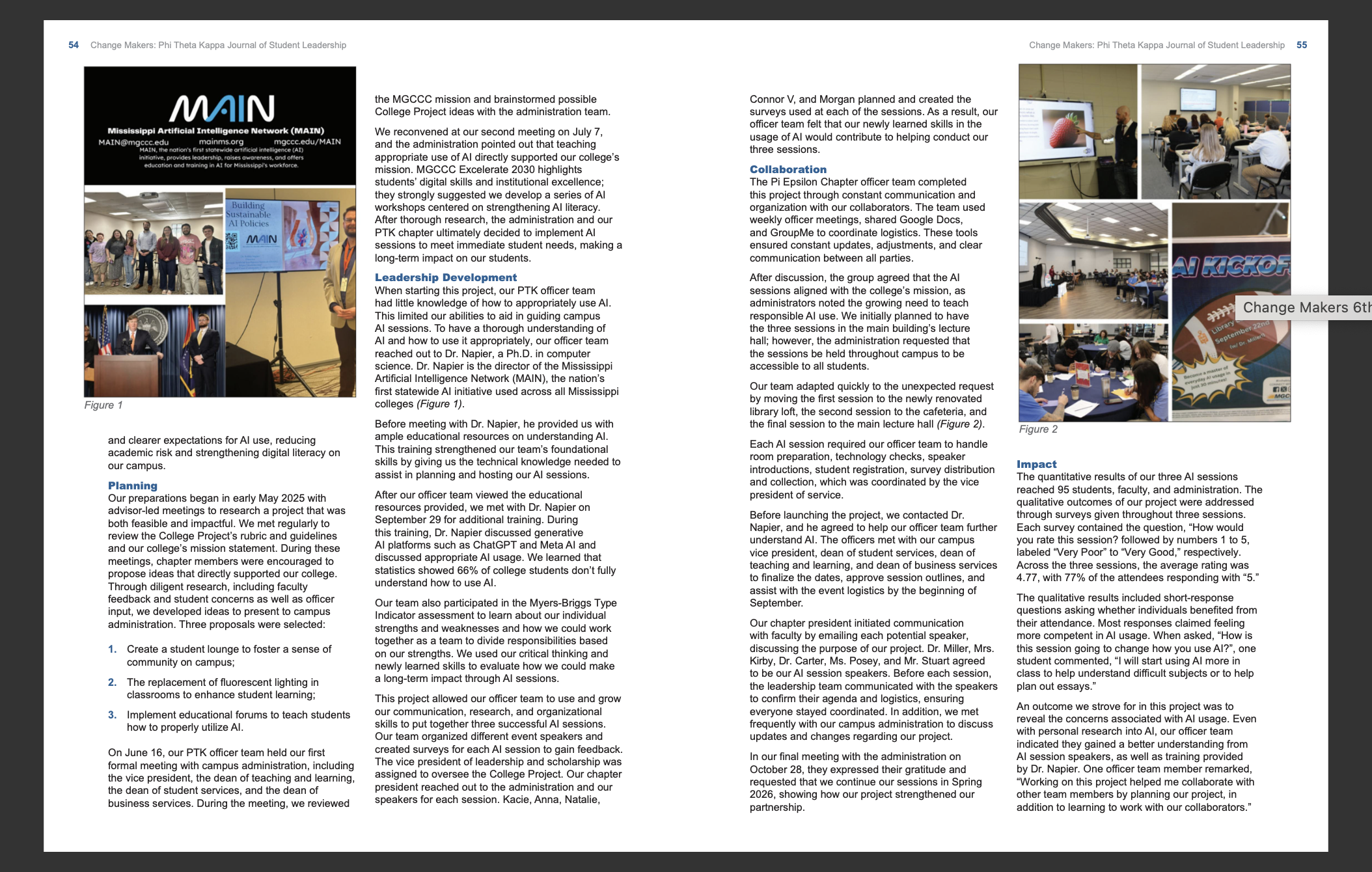 Two-pages of magazine spread showing Pi Epsilon Chapter's Report in Change Makers.